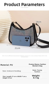 Detail showing shell-shaped rhinestone evening bag with dimensions 21x7x14cm and PU texture
