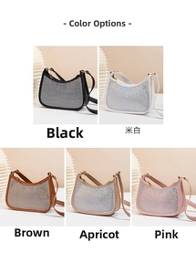 Sparkly rhinestone shell-shaped shoulder bags shown in black, beige, brown, apricot and pink