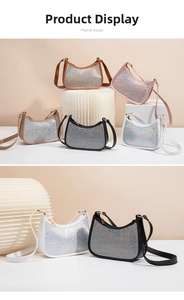 Macro shot of sparkling sequin moon bags in various colors with chic leather straps