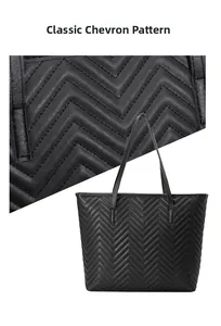 Gros plan du sac cabas noir montrant le cuir synthétique matelassé en V et sa texture