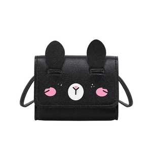 Cute black rabbit-shaped crossbody bag for girls with 3D ears and long leather strap
