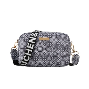 Classic checkered crossbody camera bag with gold metal plate and wide logo strap