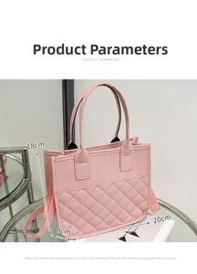 Detailed view of pink quilted PU leather tote bag with dimensions 20cm x 18cm x 8cm