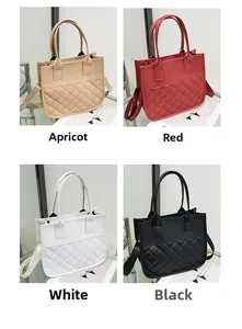Collage of quilted tote bags in apricot, red, white, and black with top handles