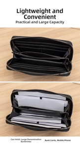 Internal view of black pebble leather zip wallet with multiple card slots and phone pocket