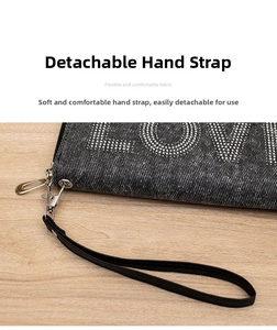Detail of grey denim wallet with rhinestone LOVE text and detachable wristlet strap