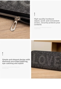 Detail of grey denim wallet featuring sparkling rhinestone LOVE lettering and silver zipper