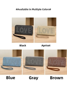 Collage of multi-color suede wallets with rhinestone LOVE lettering and wrist straps