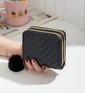 Detail of a black quilted wallet with dual gold zippers and a plush pompom pendant