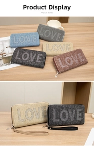 Selection of LOVE glitter letter wallets with zip closure and matching wrist straps