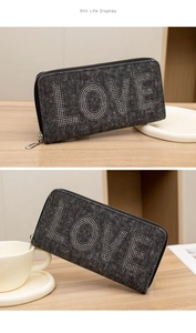 Detail of dark gray denim wallet with rhinestone LOVE lettering and silver zipper