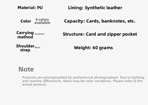 Detailed specifications for PU leather wallet showing material, structure and 60g weight