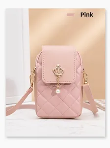 Pink quilted PU leather phone bag with crown logo and elegant pearl pendant detail