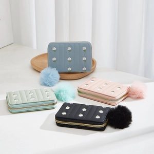 Mini Wallet Women PU Leather Floral Embroidery Quilted Coin Purse With Pom Pom Charm Zipper Card Holder Sweet Style