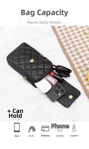Capacity view of black quilted phone bag holding smartphone, sunglasses and lipstick