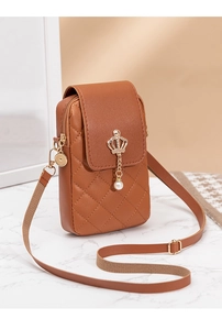 Detail of quilted brown leather phone bag with golden crown and pearl pendant decoration