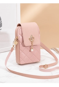 Pink quilted phone bag with a gold crown buckle and a delicate pearl pendant detail