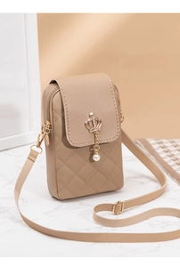 Detail of beige quilted PU leather phone bag with gold crown buckle and pearl pendant