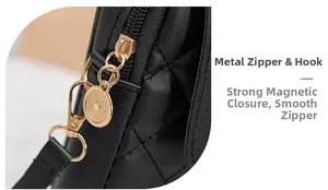 Detail of black quilted leather bag showing gold zipper and magnetic closure hardware