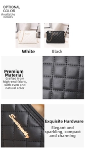 Detailed views of quilted PU leather cross-body bags with gold chain and metal logo