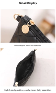 Detail of smooth gold zipper and quilted leather texture on black crossbody bag