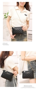 Detailed views of a black quilted mini crossbody bag featuring a golden chain strap