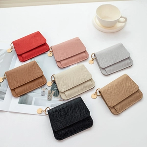 Women's Mini PU Leather Folding Coin Purse Litchi Pattern Card Holder With Gold Metal Ring Round Pendant Elegant Wallet