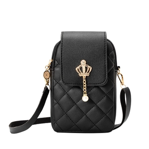 Black quilted cell phone crossbody bag with gold crown and pearl pendant detail