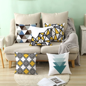 Modern geometric peach skin pillow covers in yellow, grey and blue for sofa decor