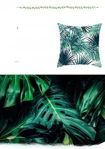 Detail view of tropical palm leaf pillow cover in peach skin fabric weighing 44 grams