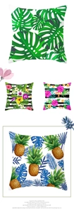 Close-up of jacquard fabric texture and tropical leaf print on cushion covers