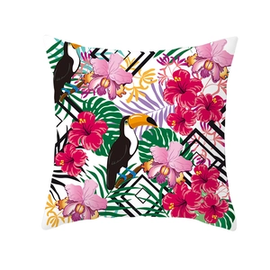 Tropical toucan and floral print pillow case with Nordic botanical design on white base