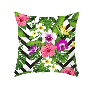 Nordic tropical floral pillowcase with hibiscus flowers and black chevron patterns