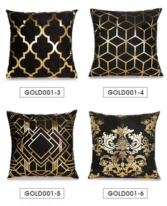 Four-grid view of black and gold cushion covers featuring modern geometric and baroque patterns