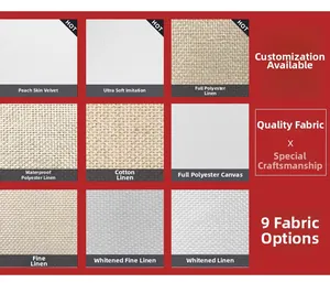 Texture display of 9 premium fabrics like peach skin, linen, and canvas for pillow covers