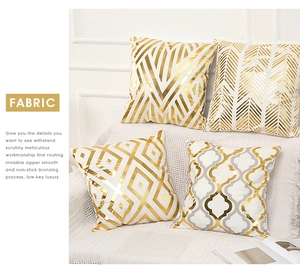Detail showing invisible zipper and fine routing on white and gold geometric pillow covers
