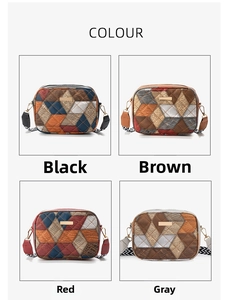 Detail of color-block crossbody bags featuring geometric patchwork and striped straps