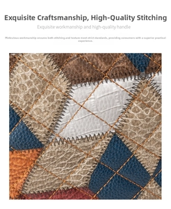 Macro shot of patchwork leather textures and diamond stitching on a crossbody bag