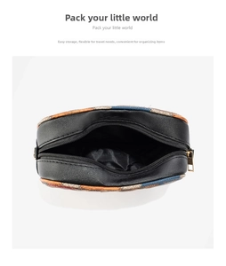 Detailed top view of an open oval crossbody bag with colorful geometric patterns and gold zipper