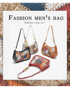 Close-up of multicolored quilted shoulder bags with gold chains in black, grey, and red