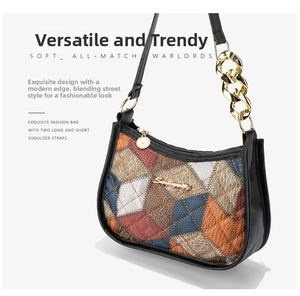 Close-up of colorful quilted shoulder bag with Serendipity logo and gold chain strap