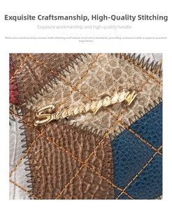Macro detail of quilted leather bag with crocodile texture and gold metal logo emblem