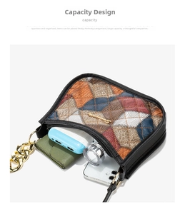 Internal view of colorful quilted crossbody bag showing space for phone and wallet