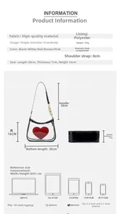 Size chart showing PVC heart bag dimensions with iPad and phone scale references