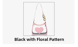Detail of transparent PVC crossbody bag with pink leather edges and heart logo design