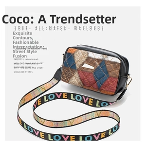 Detail of retro color-block crossbody bag with LOVE letter wide fabric shoulder strap