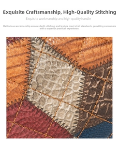 Detail of color-block leather bag with textured patchwork and quilted rhombic stitching