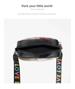 Interior view of small crossbody bag with printed strap and Bohemian embroidery detail
