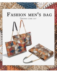 Detail of geometric patchwork men's handbags with metallic clasp and chain strap