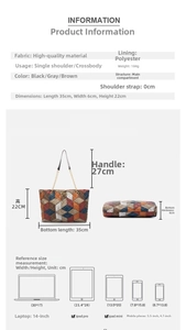 Size chart showing dimensions and scale for the geometric patchwork shoulder bag